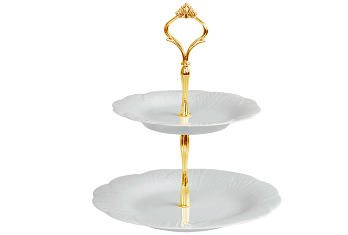 Yaprak Beyaz Altın 2 Katlı Kurabiye Tabağı